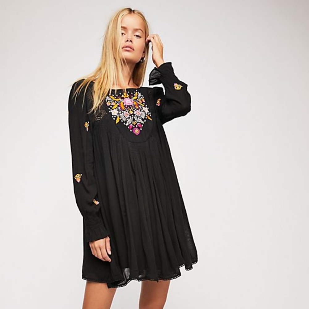 FREE PEOPLE Black Embroidered  LS Dress